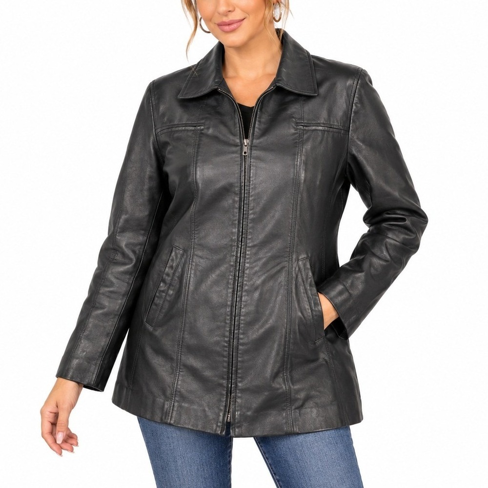 Oscar Piel Jacket Women XXL Black Leather Zip Up Car Coat Belt Loops Minimalist